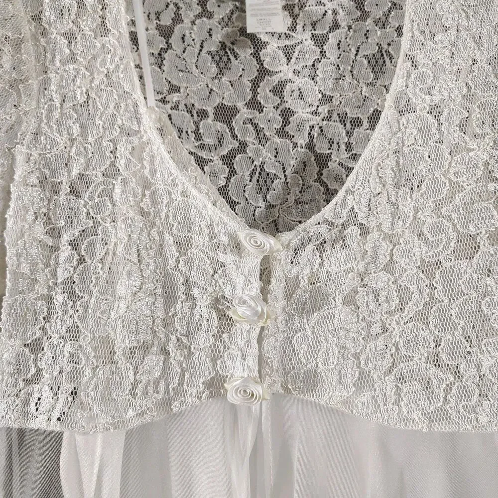 Vintage White Lace Nightgown Set Size S Sheer Robe Satin Slip Romantic Bridal - Picture 3 of 12